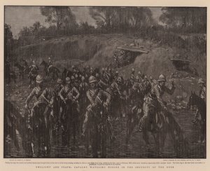 Dämmerung und Frieden, Kavallerie tränkt Pferde in der Sicherheit der Dämmerung von Percy F.S. Spence