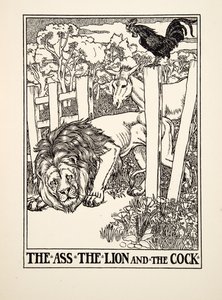 Der Esel, der Löwe und der Hahn, aus Hundert Fabeln von Aesop, veröffentlicht 1903 von Percy J. Billingshurst
