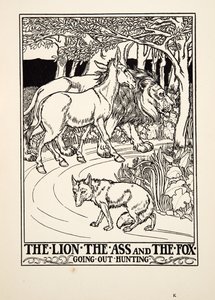 Der Löwe, der Esel und der Fuchs auf der Jagd, aus Hundert Fabeln von Äsop, veröffentlicht 1903 (Gravur) von Percy J. Billingshurst