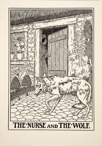 Die Amme und der Wolf, aus Hundert Fabeln von Aesop, veröffentlicht 1903 von Percy J. Billingshurst
