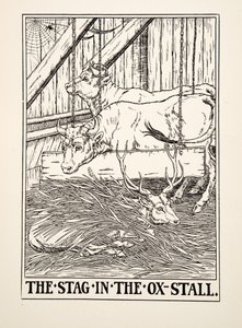 Der Hirsch im Ochsenstall, aus Hundert Fabeln von Äsop, veröffentlicht 1903 (Gravur) von Percy J. Billingshurst