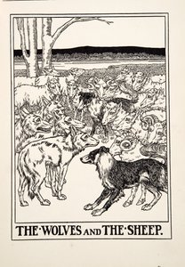 Die Wölfe und die Schafe, aus Hundert Fabeln von Äsop, veröffentlicht 1903 (Gravur) von Percy J. Billingshurst