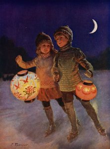Junge und Mädchen, die nachts mit Feenlaternen Schlittschuh laufen von Percy Tarrant