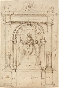 Altarbild der Madonna mit Kind und Heiligen in seiner architektonischen Umgebung von Perino del Vaga