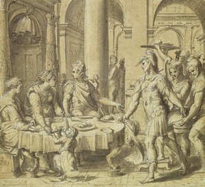 Das Bankett von Dido und Aeneas, Modell für einen Wandteppich in der Aeneas-Serie, ca. 1532 (Feder und Tinte und Waschung auf Papier)