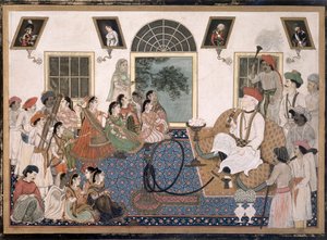 Ein Europäer, wahrscheinlich Sir David Ochterlony (1758-1825), in indischer Kleidung, raucht eine Wasserpfeife und beobachtet einen Nautch in seinem Haus in Delhi, c.1820