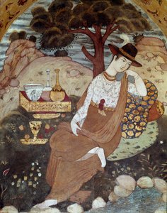 Eine persische Prinzessin unter der Herrschaft von Abbas I., ruhend. 17. Jahrhundert. Fresko aus dem Palast der 40 Säulen (Chehel Sotoun) in Isfahan, Iran. von Persian School