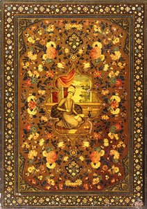 Ein Zand-Buchdeckel mit einer zentral sitzenden Figur im Inneren, umgeben von Blumensprays, Mitte 18. Jahrhundert von Persian School