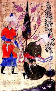 Ein sitzender Prinz liest, während ein Diener Wein serviert, aus der Tohfat Al-Ahrar, Bokhara-Schule