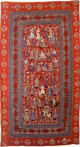 Ein bestickter Wandbehang aus rotem Wollstoff mit Reihen von Figuren, die das Leben von Joseph darstellen