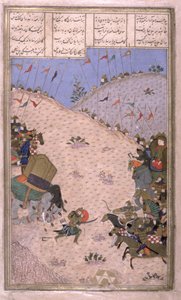 Bahram Chubina, sein Elefant getötet, kämpft zu Fuß, Illustration aus dem Shahnama (Buch der Könige) von Abul-Qasim Manur Firdawsi (ca. 934-ca. 1020) ca. 1440-45