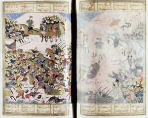 Schlacht zwischen Isfandiyar und Arjasp, Illustration aus dem Shahnama (Buch der Könige) von Abul-Qasim Manur Firdawsi (ca. 934-ca. 1020) ca. 1440-45 von Persian School
