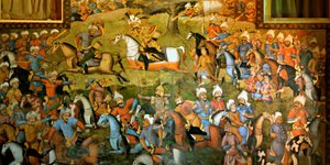 Schlacht von Taher-Abad oder Schlacht von Merv mit dem Sieg von Schah Ismail I. über Muhammad Shaybani Khan, Empfangshalle, Chehel Sotun, 1647 von Persian School