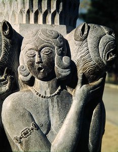Detail einer Figur, die einen Löwen hält, Safawiden-Dynastie (Stein) von Persian School