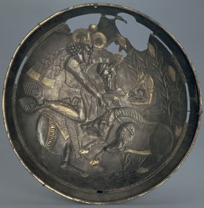 Schale, dekoriert mit einer Szene von Prinz Varahran auf der Jagd, Sassaniden-Dynastie (226-651) (Silber mit Vergoldung)
