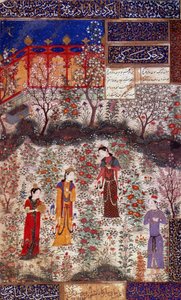 Erstes Treffen von Prinz Houmay und Prinzessin Houmayoun von China. Miniatur aus einem Gedicht von Kuradjou Kirmani, realisiert von der Schule von Herat, um 1430. Iran. Kunstgewerbemuseum, Paris von Persian School