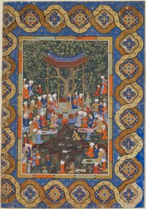 Ein Herrscher in einem Gartenpavillon, umgeben von Höflingen und Dienern von Persian School