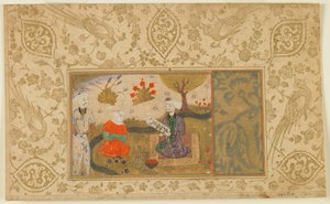 Seite aus einem unidentifizierten Text; Eine Frau spricht mit einem sitzenden Mann an einem Bach, Iran, ca. 1500 von Persian School