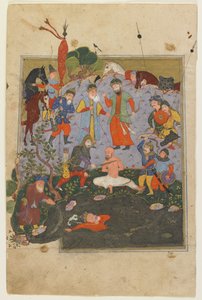 Garsivaz wird ausgepeitscht, während Afrasiyab aus dem See gezogen wird, aus einem Shahnama von Persian School