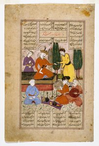 Illustrierte Seite aus dem Shahnamah, die Bahram Gur auf seinem Thron zeigt, umgeben von Höflingen in einem Garten, späte 17. Jahrhundert