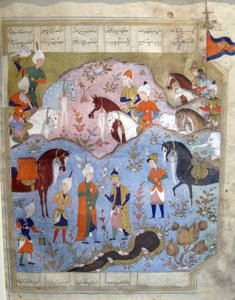 Treffen von Siyarvush und Afrasiyab aus dem Firdosi Shahnam, 1565-66 (Gouache mit Goldblatt auf Papier) von Persian School