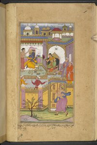 Bhima kommt im Schloss von Dvaraka an, um Krishna zur ‚asvamedha‘ einzuladen. Krishna, der mit seiner Frau Satyabhama zusammen ist, tut so, als ob er nichts hört. (Bhawani) aus dem 