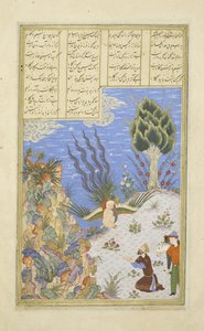 Der Simurgh bringt Zal zu Sam zurück, Illustration aus dem Shahnama (Buch der Könige), von Abul-Qasim Mansur Firdawsi (ca. 934-ca. 1020), 1444 von Persian School