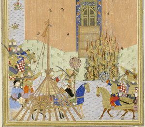(Detail) Die Festung Gang Dizh wird mit Minen angegriffen, Illustration aus dem Shahnama (Buch der Könige), von Abul-Qasim Mansur Firdawsi (ca. 934-ca. 1020), 1444