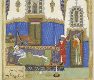 (Detail) Tahminah kommt zu Rustam, Illustration aus dem Shahnama (Buch der Könige), von Abul-Qasim Mansur Firdawsi (ca. 934-ca. 1020), 1444 von Persian School