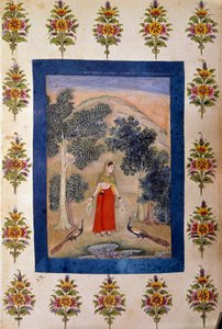 Persische Kunst: Dame mit zwei Blumenketten, die sie zwei Pfauen präsentiert von Persian School