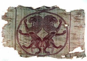 Persische Kunst: Bestickter Stoff, der zwei Löwen sassanidischer Inspiration darstellt von Persian School