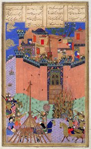 Rustam leitet die Belagerung von Gang Bihisht, Illustration aus dem Shahnama (Buch der Könige) von Persian School