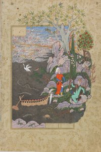 Salaman und Absal ruhen auf der glücklichen Insel, Folio aus einem Haft Awrang (Sieben Throne) von Jami (gest. 1492), wahrscheinlich Mashad, Khurasan, Iran, Safawiden-Dynastie, 1556-1565 von Persian School