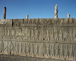 Unterworfene Völker bieten Darius I. Geschenke an. Reliefs der östlichen Treppe der Apadana, 6. Jahrhundert v. Chr. von Persian School