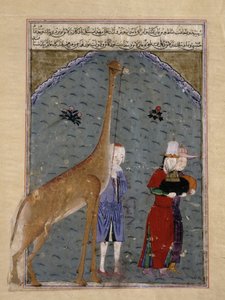 Die Botschafter des ägyptischen Sultans al-Nasir Faraj ibn Barquq präsentieren ihre Tributzahlungen, einschließlich einer Giraffe, an Timur, Illustration aus Zafarnama von Sharaf al-Din Ali Yazdishiraz, 1436 von Persian School