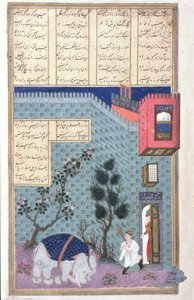Das Kind Rustam tötet den verrückten Elefanten, Illustration aus dem Shahnama (Buch der Könige) von Abul-Qasim Manur Firdawsi (ca. 934-ca. 1020) ca. 1440-45