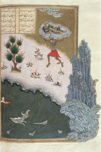 Der schlafende Rustam wird von dem Dämon Akwan durch die Luft getragen, Illustration aus dem Shahnama (Buch der Könige) von Abul-Qasim Manur Firdawsi (ca. 934-ca. 1020) ca. 1440-45