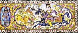 Dritte Kartusche aus einem langen Panel von Cuerda Seca Fliesen, Jagd- und Kampfszenen darstellend, 19. Jahrhundert von Persian School