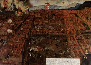 Ansicht von Cuzco zur Zeit des Erdbebens von 1650 von Peruvian School
