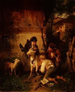 Jungen spielen mit einer Ziege