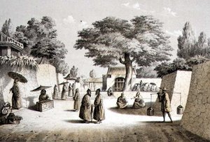 Straße in Napha, Lew Chew, graviert von T. Sinclair (getönte Lithografie)