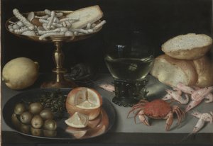 Stillleben mit Früchten, Süßigkeiten, Krustentieren, einem Glas und einer Maus, ca. 1620