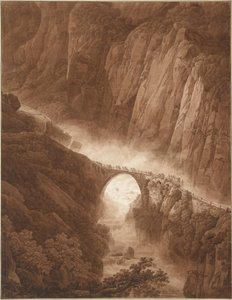 Die Teufelsbrücke in der Schöllenenschlucht auf dem Weg über den St. Gotthard Pass mit einem Maultierzug