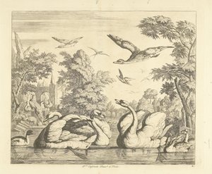 Drei Schwäne und andere Vögel an einem Teich von Peter Casteels (III)