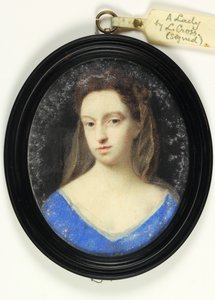 Eine Dame im blauen Mieder mit brauner Haube (Aquarell auf Pergament) von Peter Cross