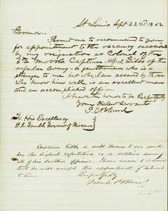 Brief unterschrieben P.E. Bland, St. Louis, an H.R. Gamble, Gouverneur von Missouri, 22. September 1862