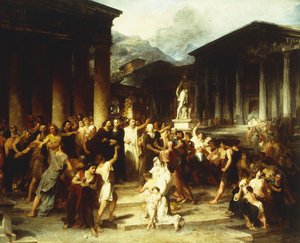 Eine Versammlung vor dem Tempel