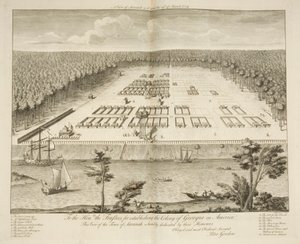 Ansicht von Savannah am 29. März 1734, graviert von P. Fourdrinier, London, ca. 1735