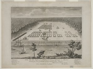 Ansicht von Savannah am 29. März 1734, graviert von P. Fourdrinier, London, um 1735