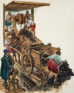 Ein Zähler notiert, wie viele Kohleladungen die Mine verlassen, während ein Bergmann einen Wagen füllt und andere mehr an die Oberfläche heben von Peter Jackson